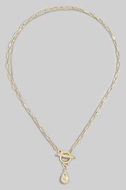 Chunky Double Layered Chain Toggle Pearl Teardrop Necklace Gold Silver