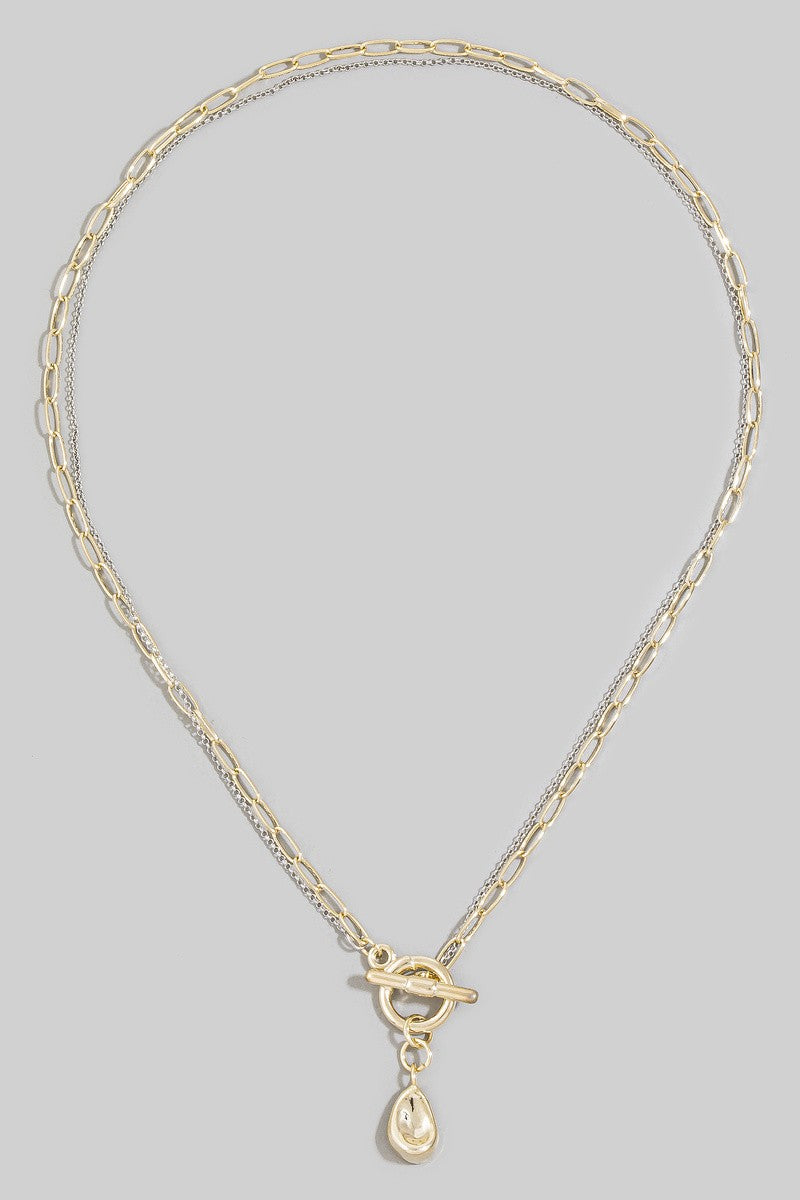Chunky Double Layered Chain Toggle Pearl Teardrop Necklace Gold Silver