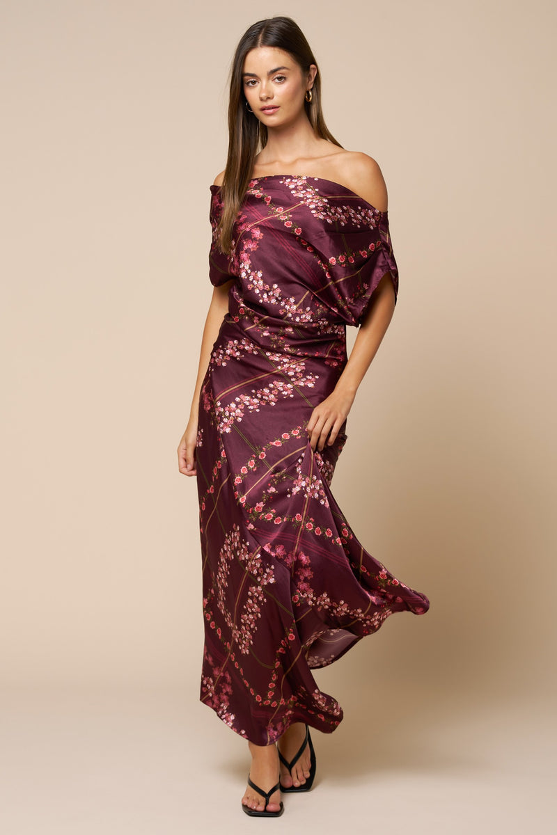 Off The Shoulder Floral Print Maxi Dress Burgundy