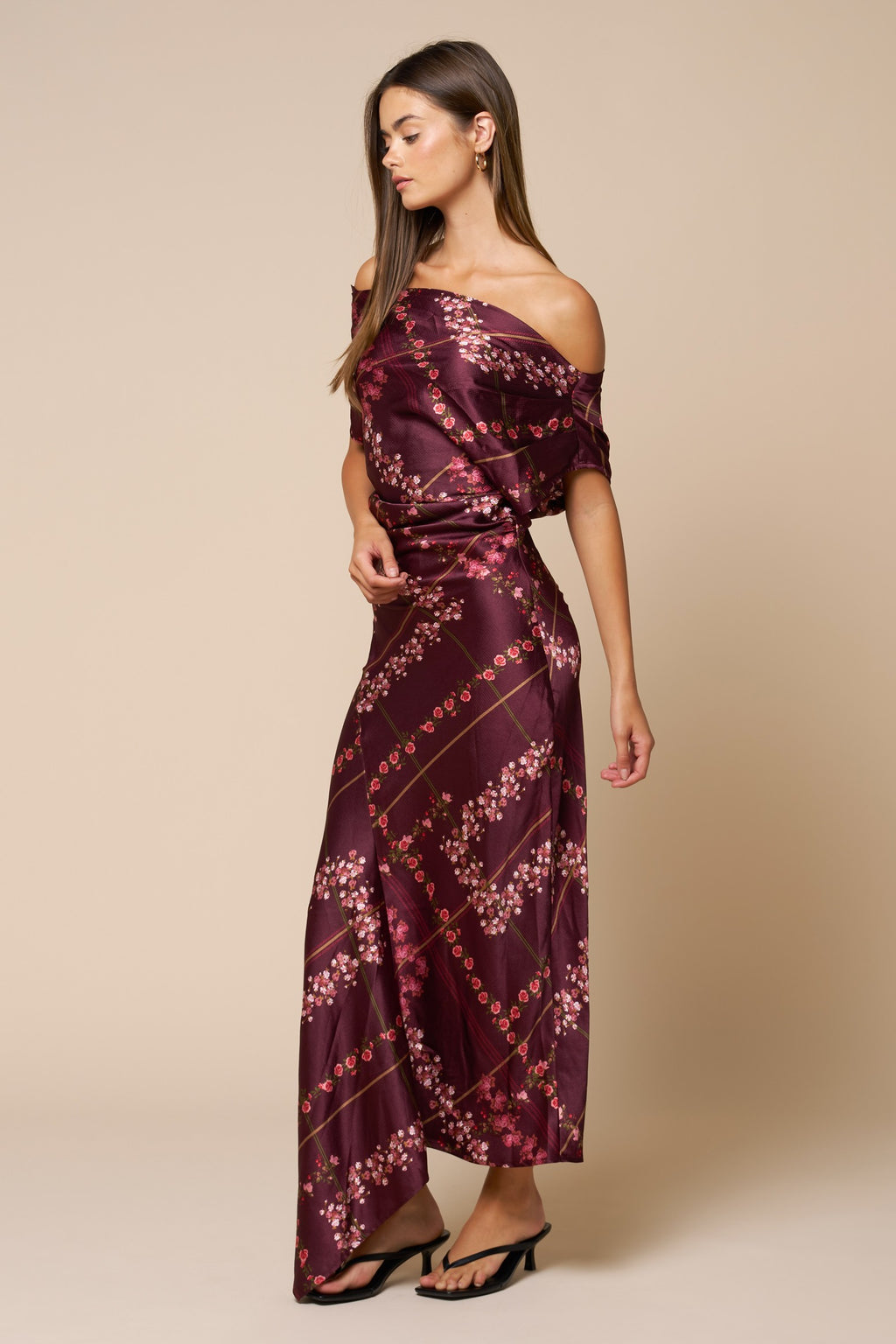 Off The Shoulder Floral Print Maxi Dress Burgundy