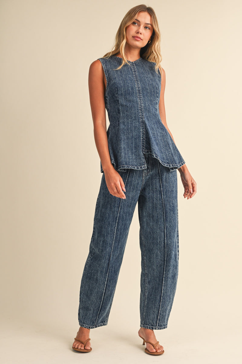 Sleeveless Peplum Top And Wide Leg Denim Barrel Pants Stripe Print Set Dark Wash