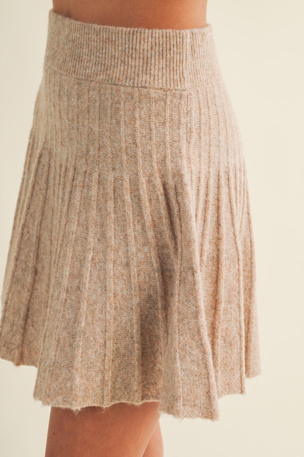 High Waist Pleated Knit Mini Skirt Beige