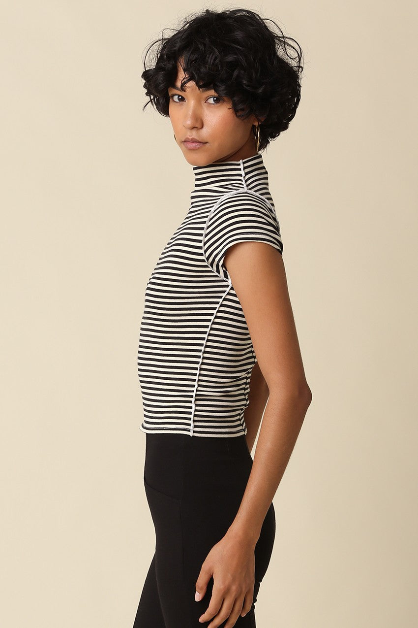 Short Sleeve Mock Neck Stripe Print Top Black