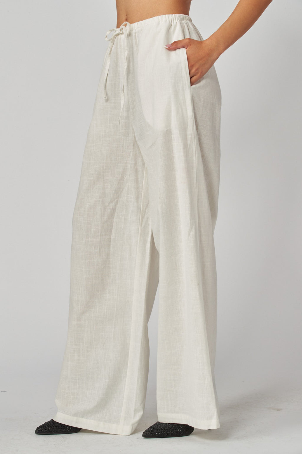 Drawstring Linen Wide Leg Pants White