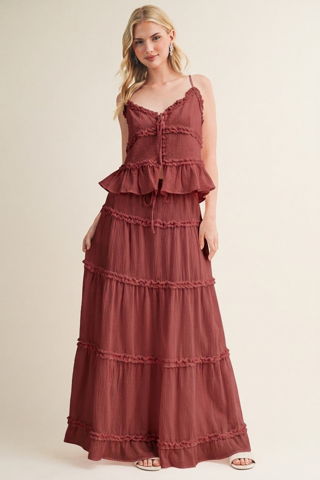 High Waist Tiered Ruffle Maxi Skirt Rust
