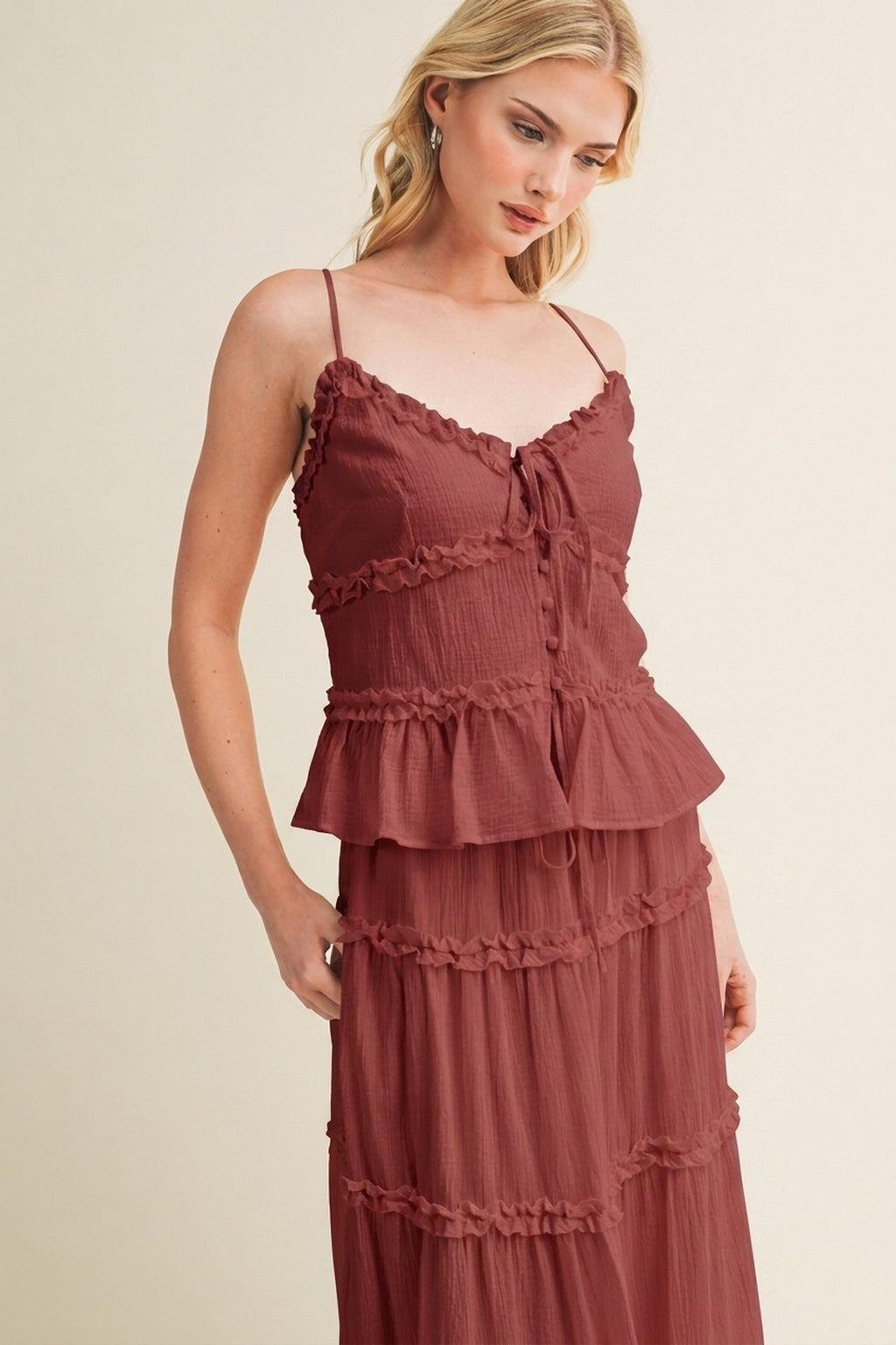 Sleeveless Button Down Tiered Peplum Top Rust