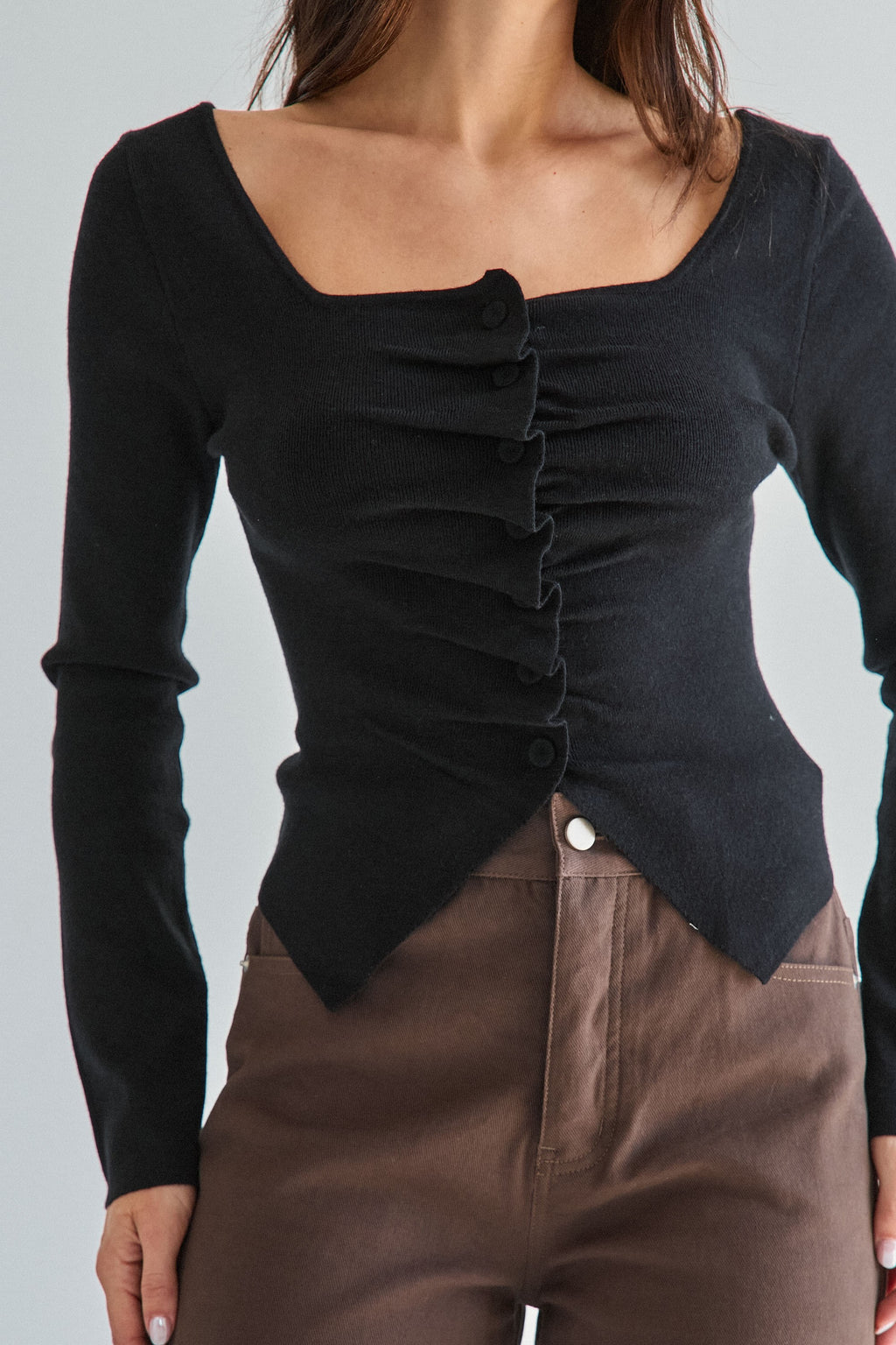 Long Sleeve Button Down Pleated Knit Top Black