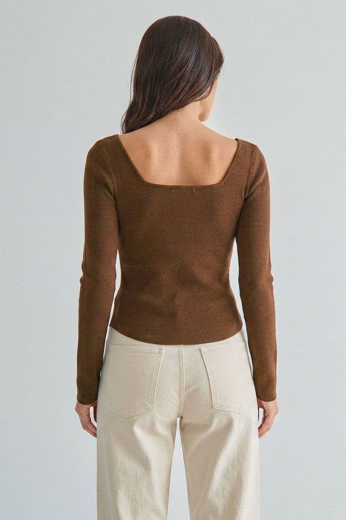 Long Sleeve Button Down Pleated Knit Top Mocha