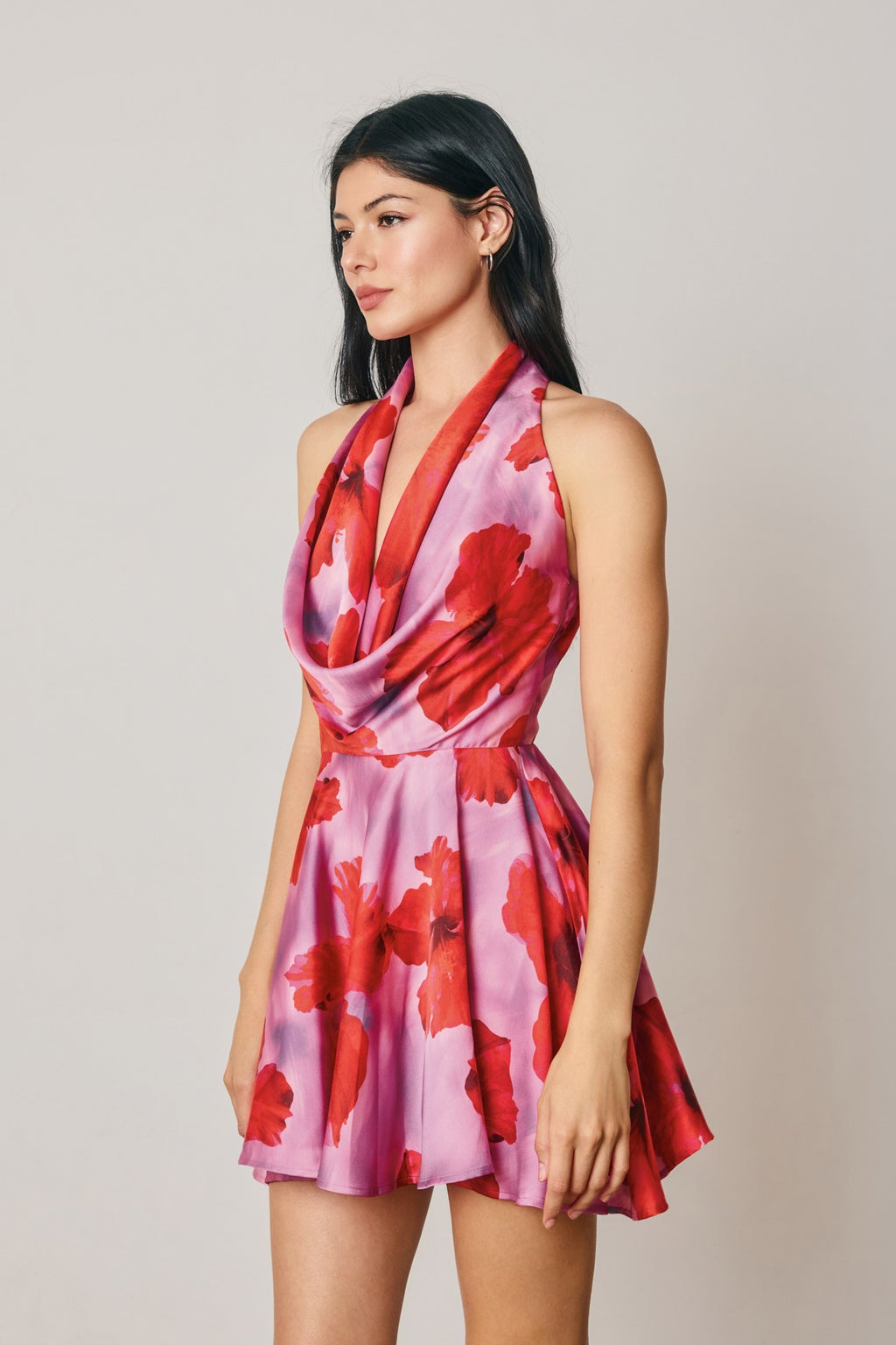 Sleeveless Halter Soft Summer Floral Print Mini Dress Pink