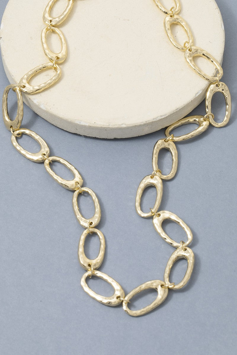 Chunky Hammered Oval Link Station Chain Necklace Gold