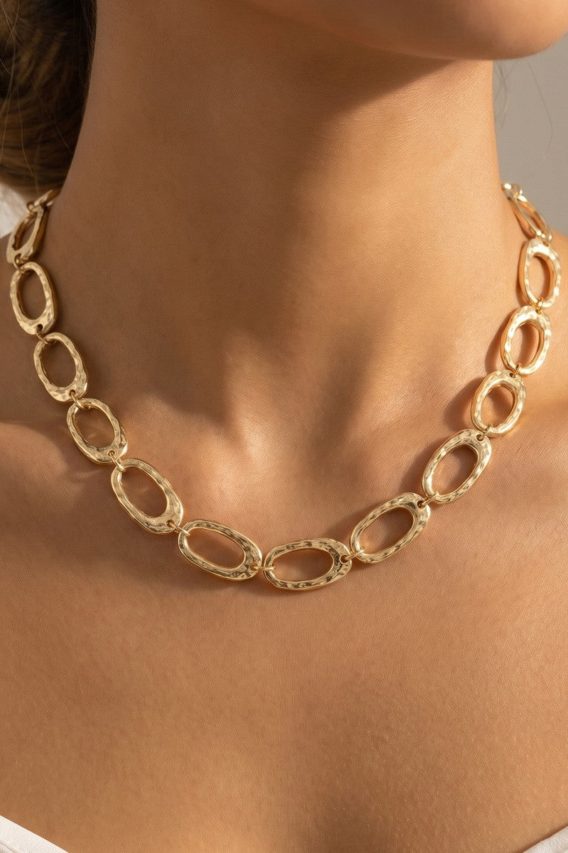 Chunky Hammered Oval Link Station Chain Necklace Gold