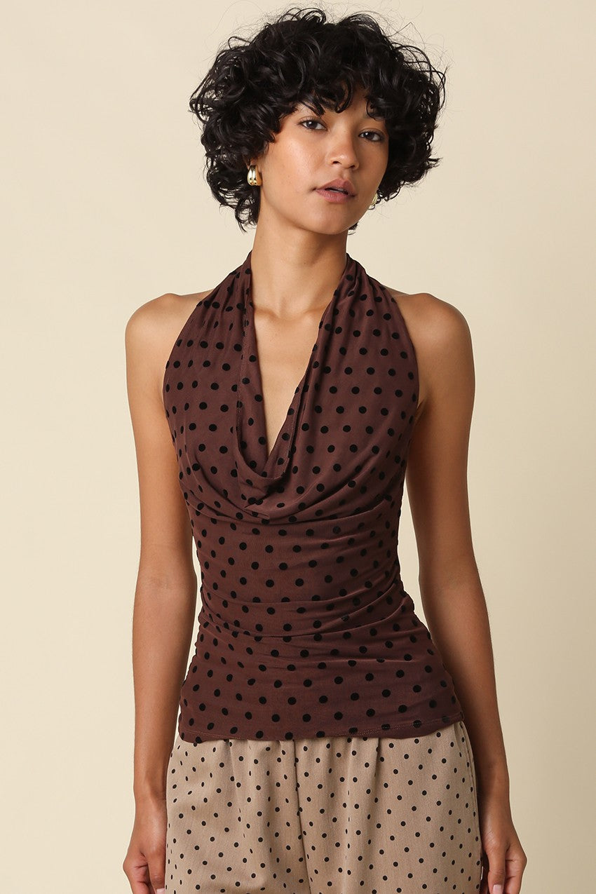 Sleeveless Halter Open Back Polka Dot Print Top Brown
