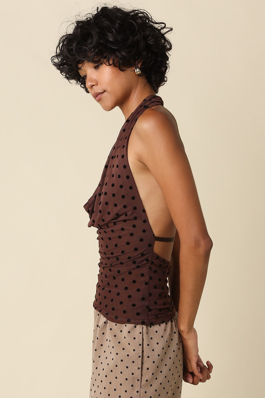 Sleeveless Halter Open Back Polka Dot Print Top Brown