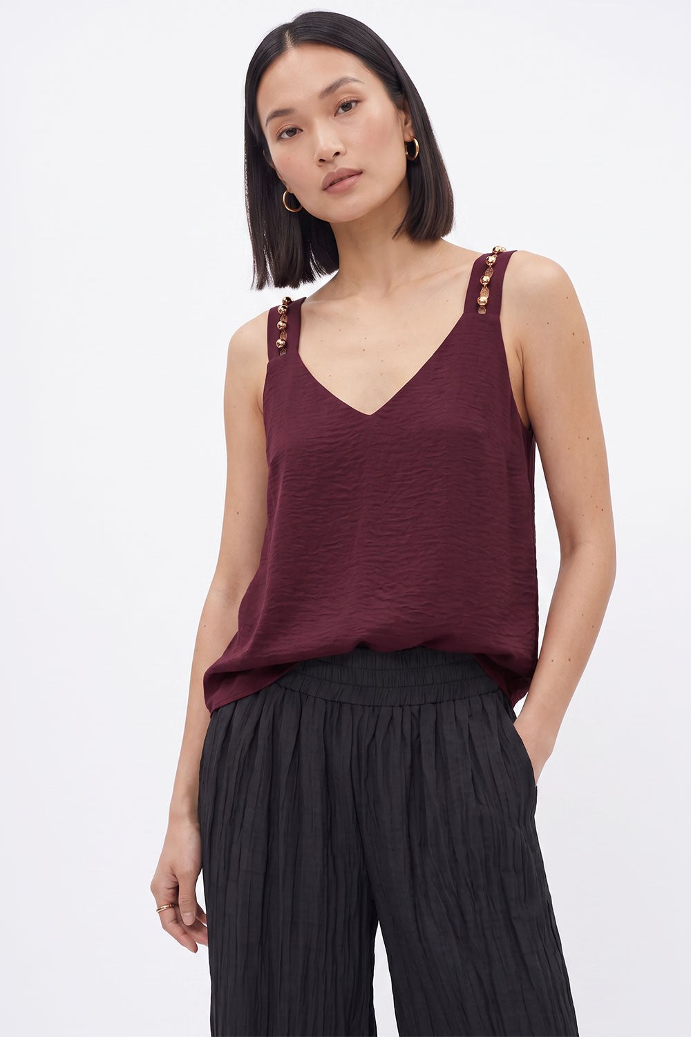 Sleeveless Studded Strap Satin Top Burgundy