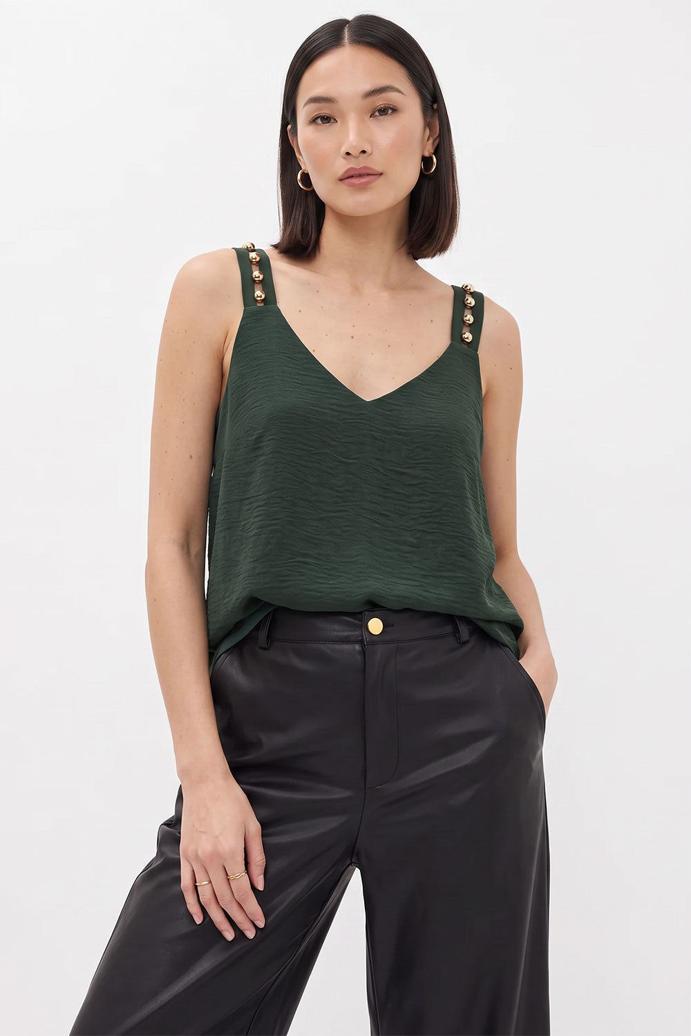 Sleeveless Studded Strap Satin Top Forest Green
