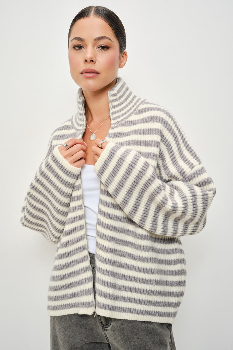 Long Sleeve Zip Up Stripe Print Knit Cardigan Grey