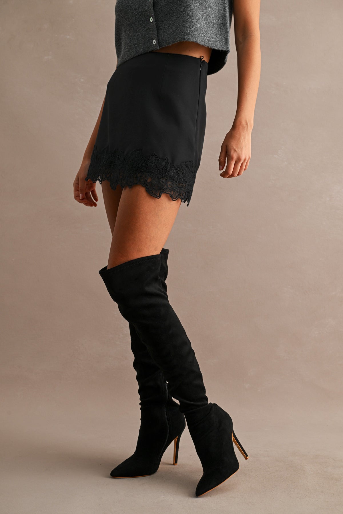 Floral Lace Trim Mini Skort Black