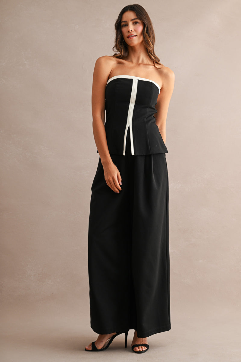 Sleeveless Contrast Trim Tube Top And Wide Leg Pants Set Black