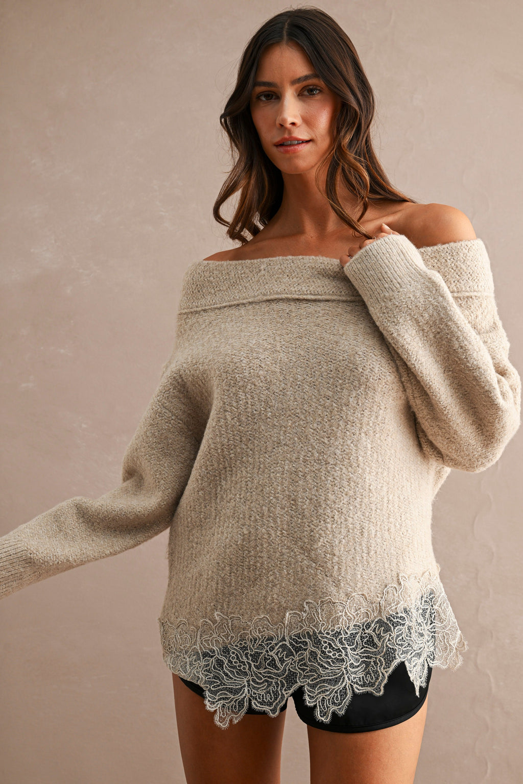Long Sleeve Off The Shoulder Lace Trim Sweater Light Mocha