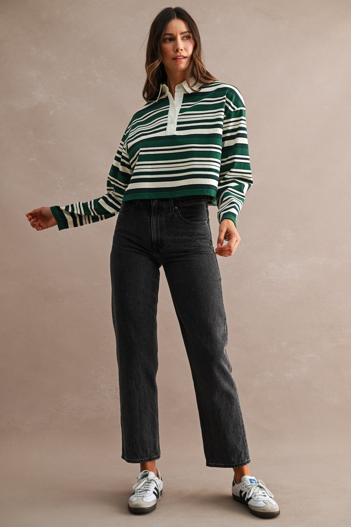  Long Sleeve Stripe Print Top Green