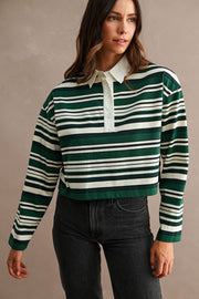  Long Sleeve Stripe Print Top Green