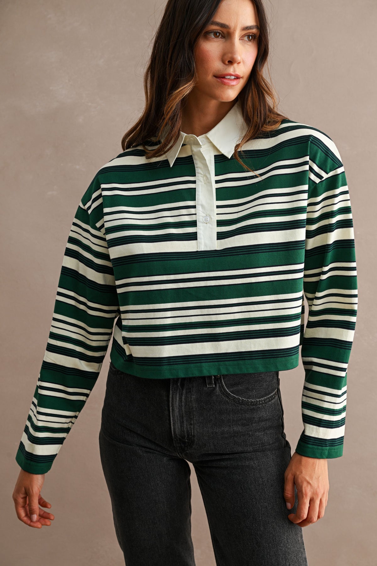  Long Sleeve Stripe Print Top Green