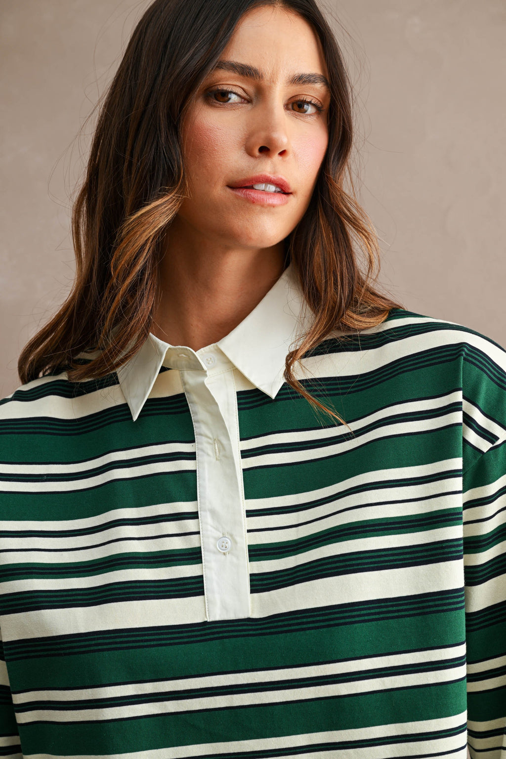  Long Sleeve Stripe Print Top Green