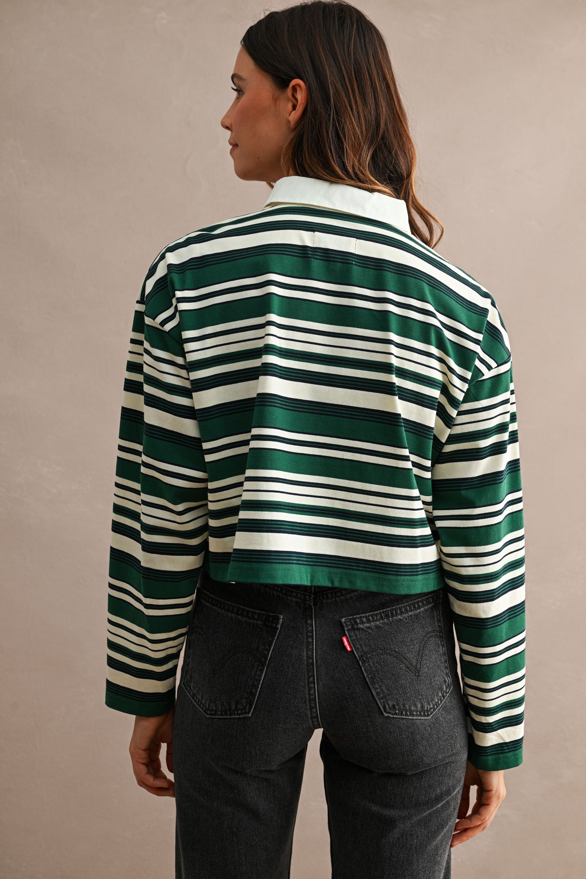 Long Sleeve Stripe Print Top Green