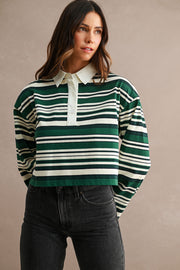  Long Sleeve Stripe Print Top Green