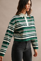  Long Sleeve Stripe Print Top Green