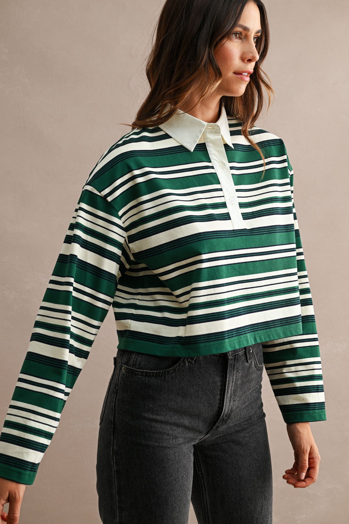  Long Sleeve Stripe Print Top Green
