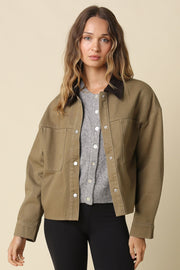 Long Sleeve Corduroy Contrast Button Down Jacket Olive