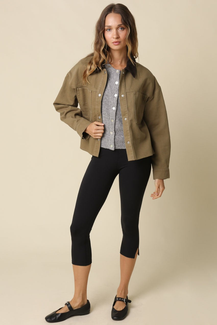Long Sleeve Corduroy Contrast Button Down Jacket Olive