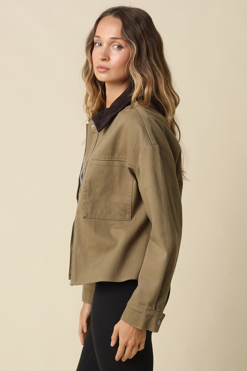 Long Sleeve Corduroy Contrast Button Down Jacket Olive