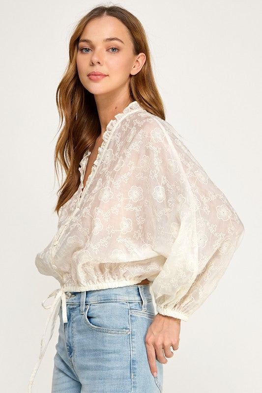 Long Sleeve Button Down Romantic Embroidered Top Cream
