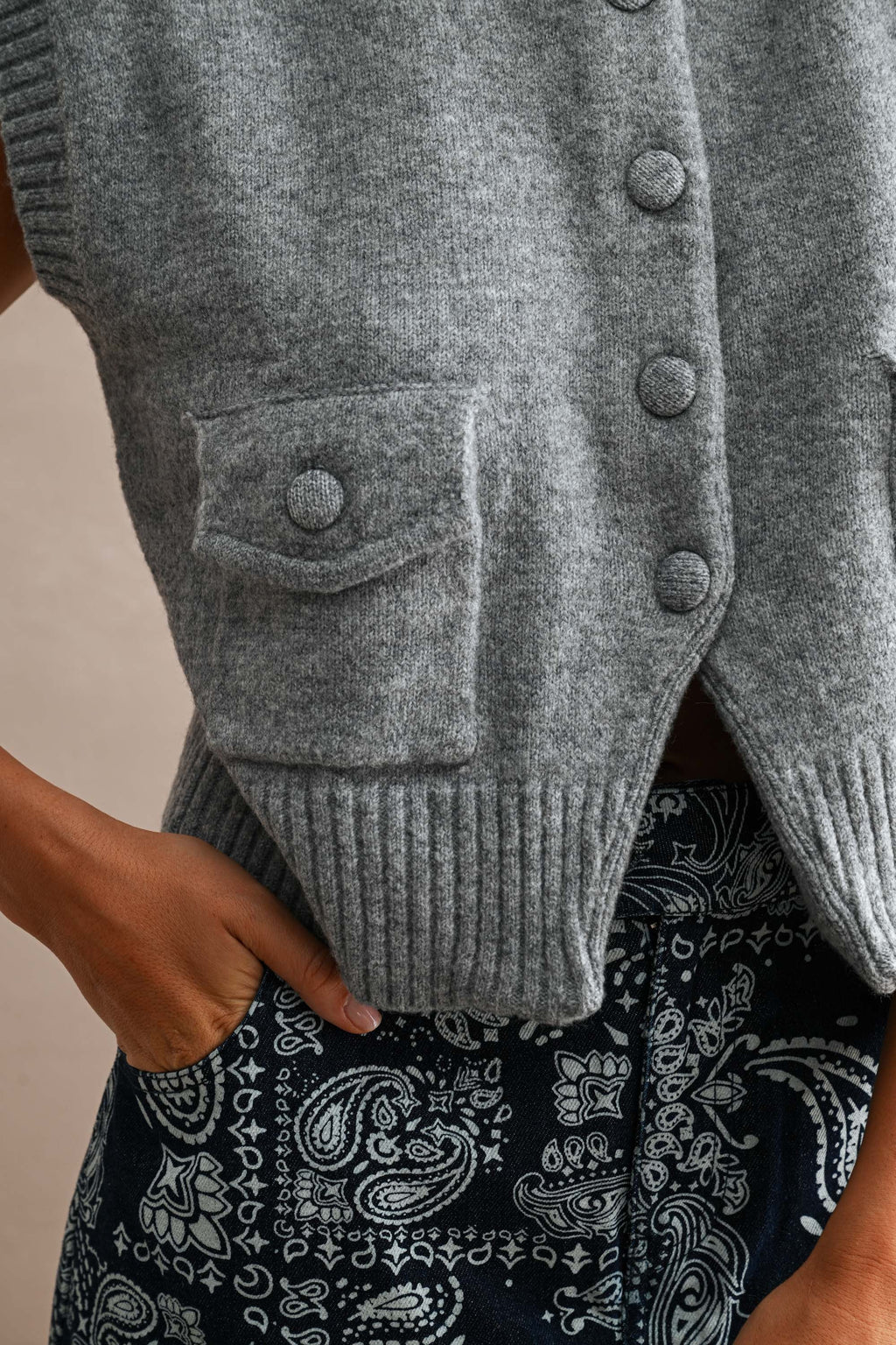 Sleeveless Button Down Knit Sweater Vest Grey