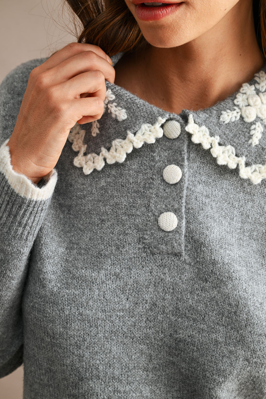 Long Sleeve Floral Embroidered Trim Knit Sweater Grey