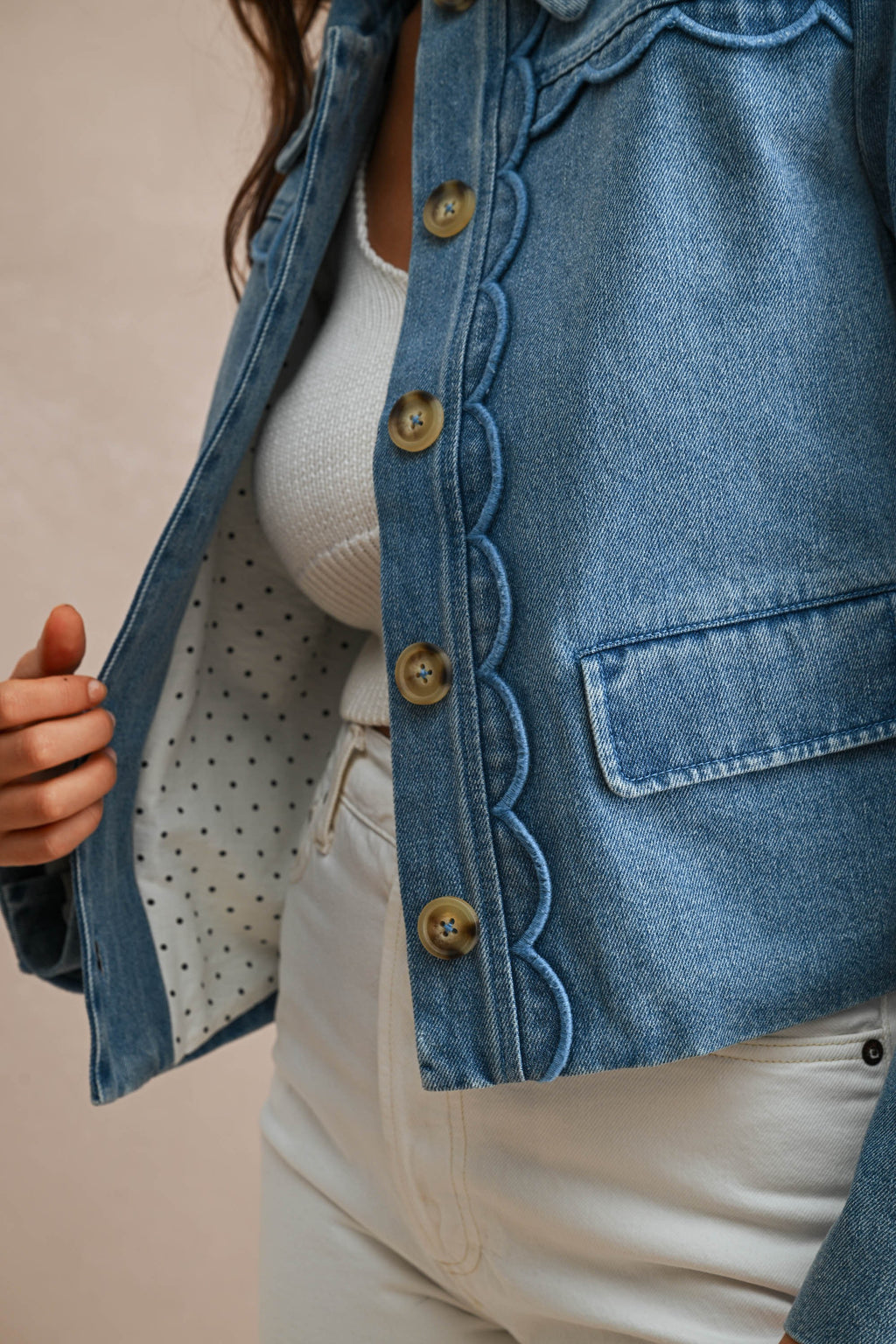 Long Sleeve Scallop Denim Jacket Medium Wash