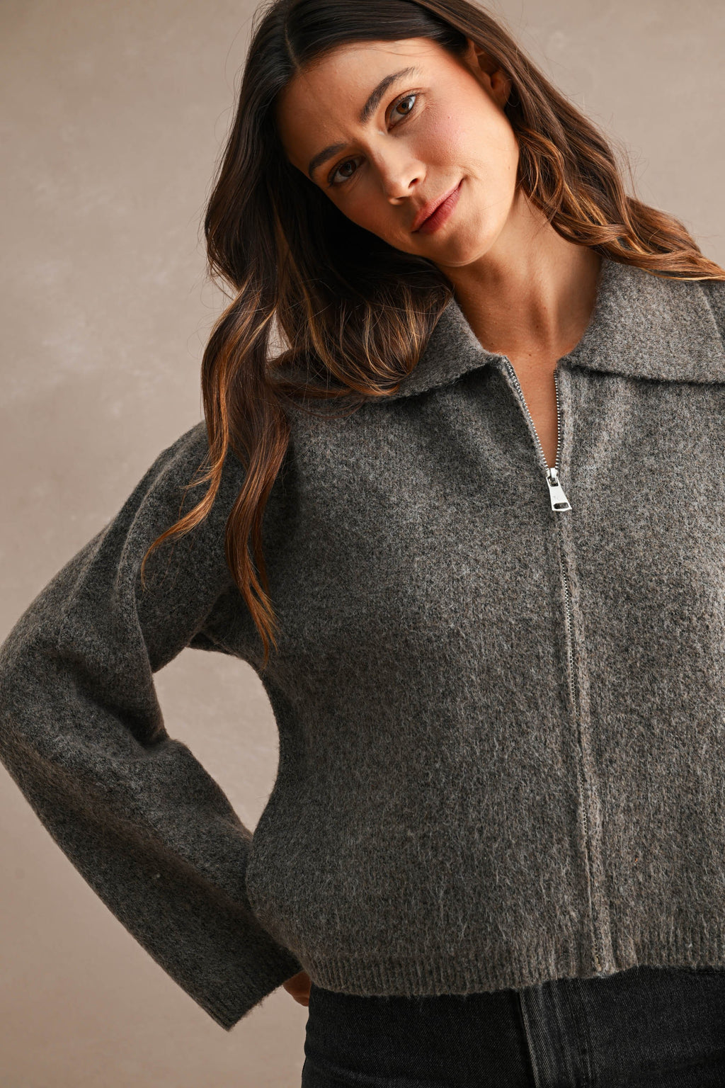 Long Wide Sleeve Zip Up Knit Cardigan Brown