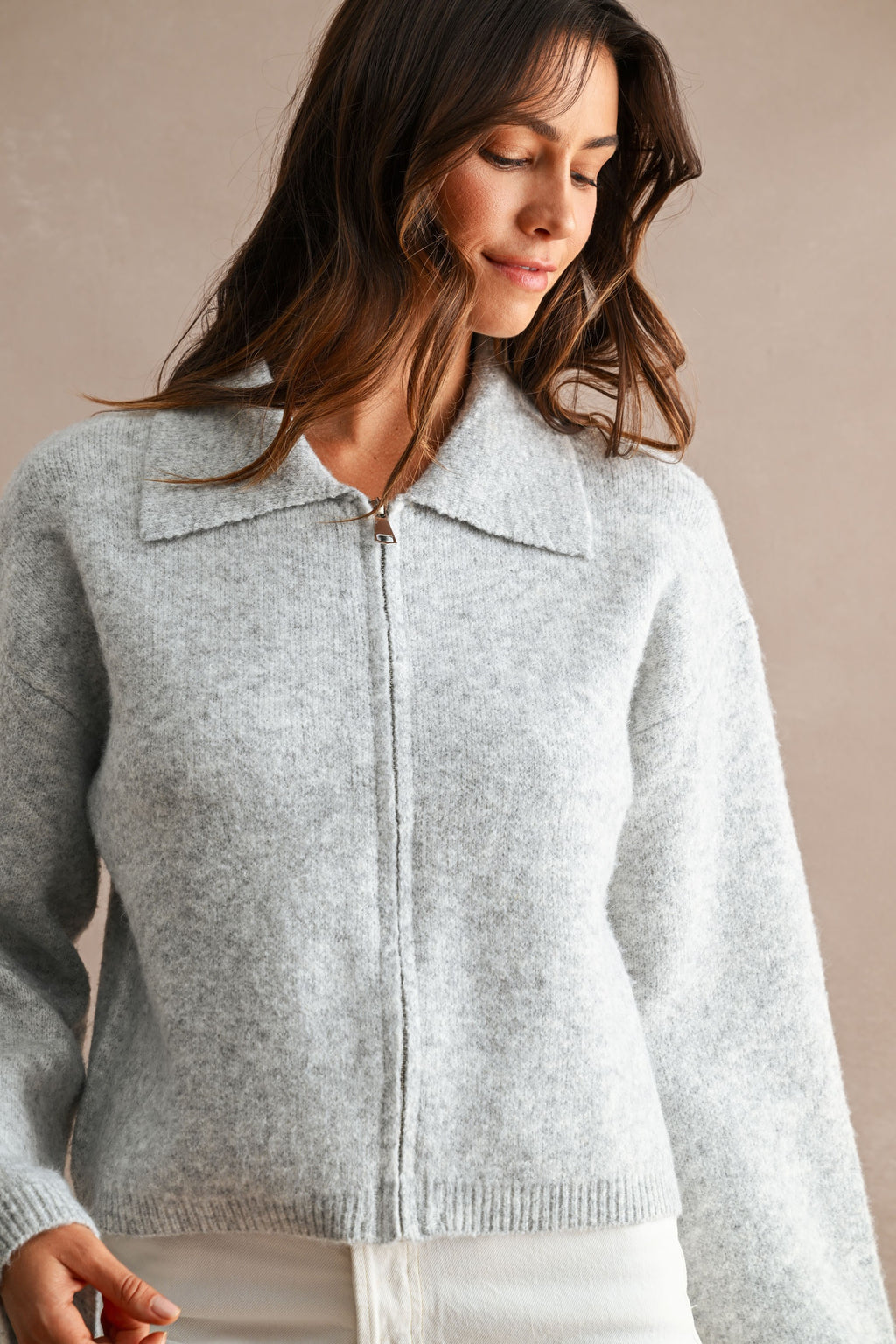 Long Wide Sleeve Zip Up Knit Cardigan Grey