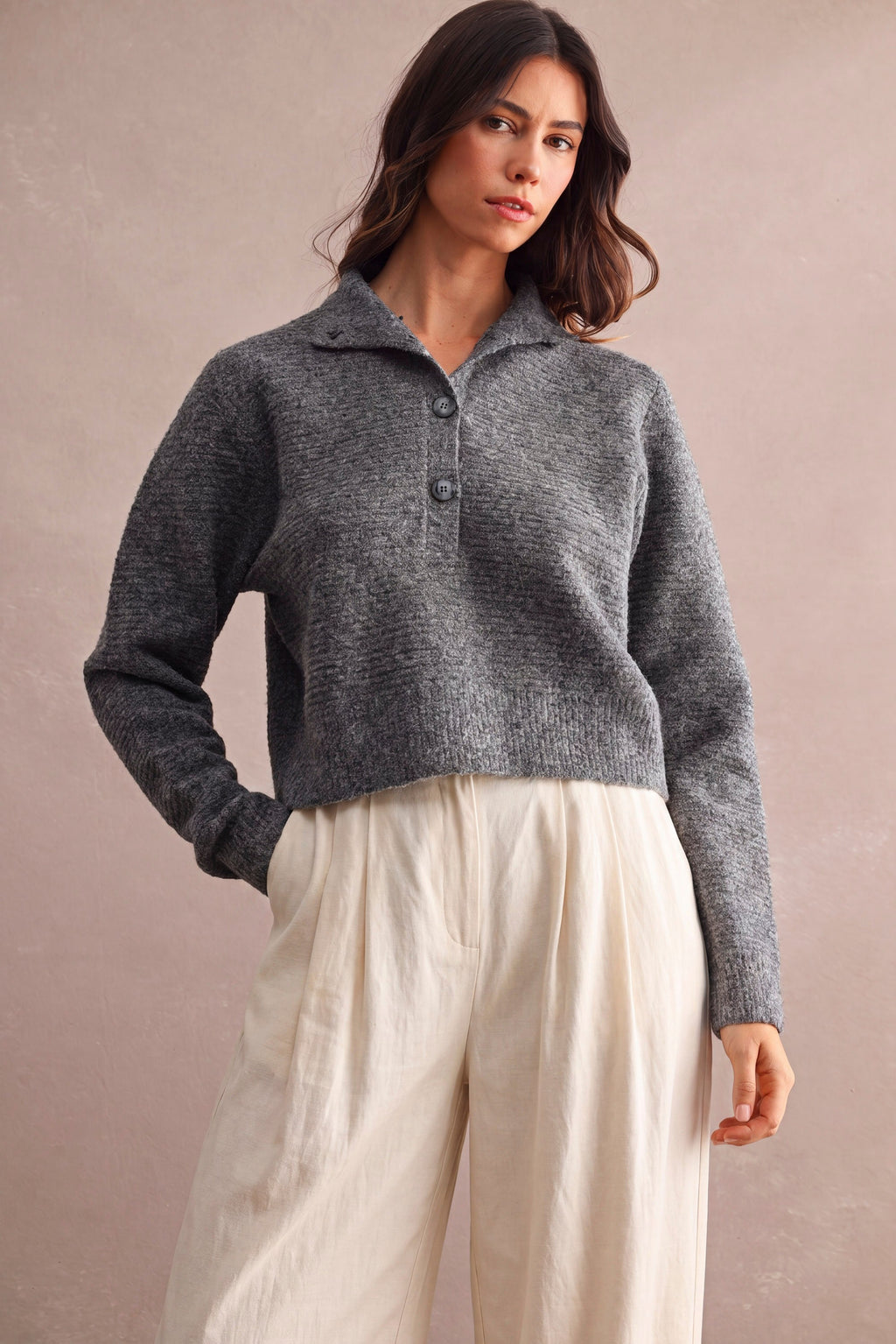  Long Sleeve Mock Neck Knit Sweater Charcoal