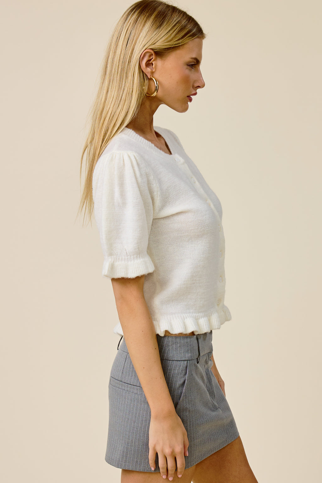 Short Puff Sleeve Button Down Ruffle Hem Knit Top Ivory
