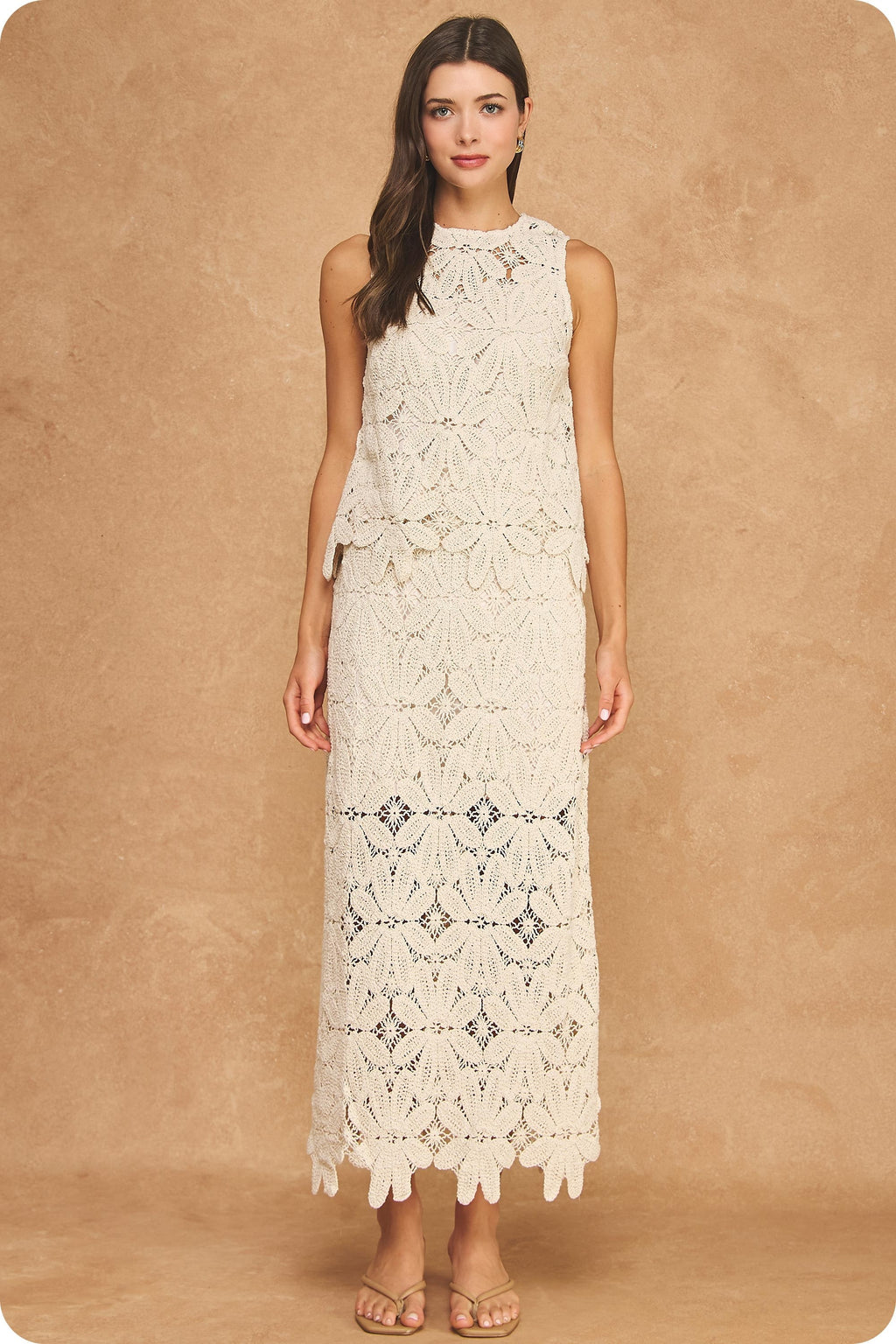 High Waist Floral Crochet Scalloped Maxi Skirt Cream