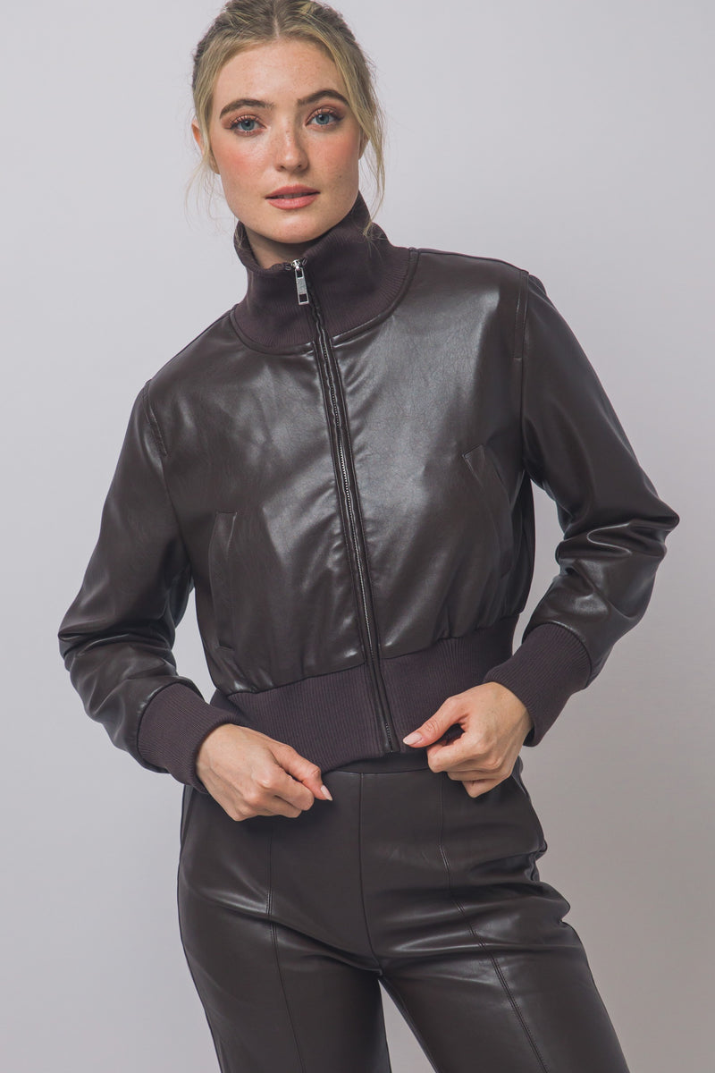  Long Sleeve Zip Up Vegan Faux Leather Bomber Jacket Brown
