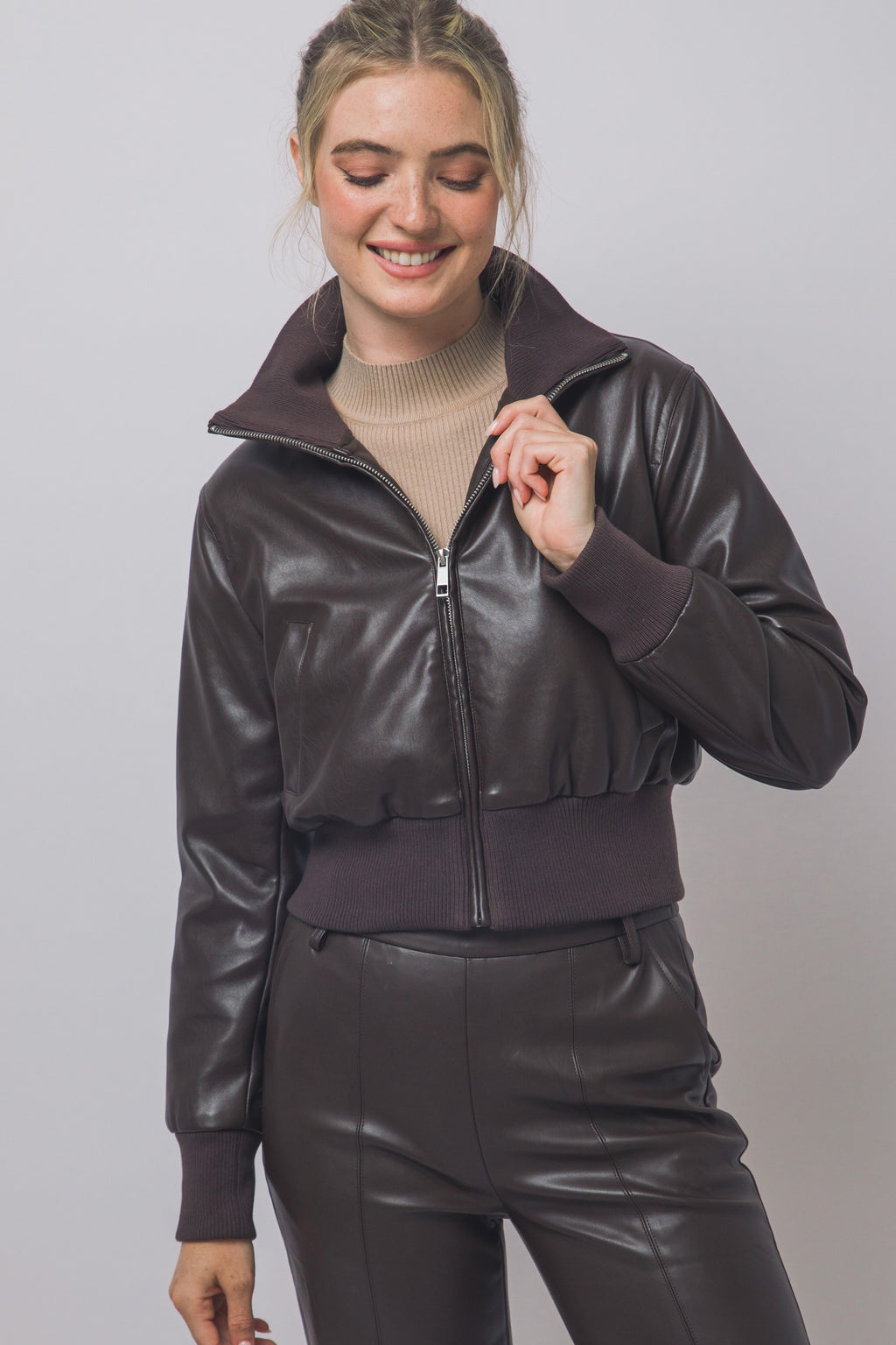  Long Sleeve Zip Up Vegan Faux Leather Bomber Jacket Brown