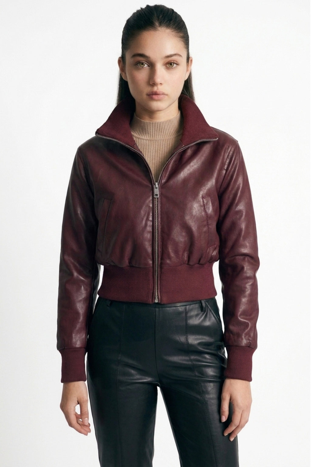 Long Sleeve Zip Up Vegan Faux Leather Bomber Jacket Burgundy