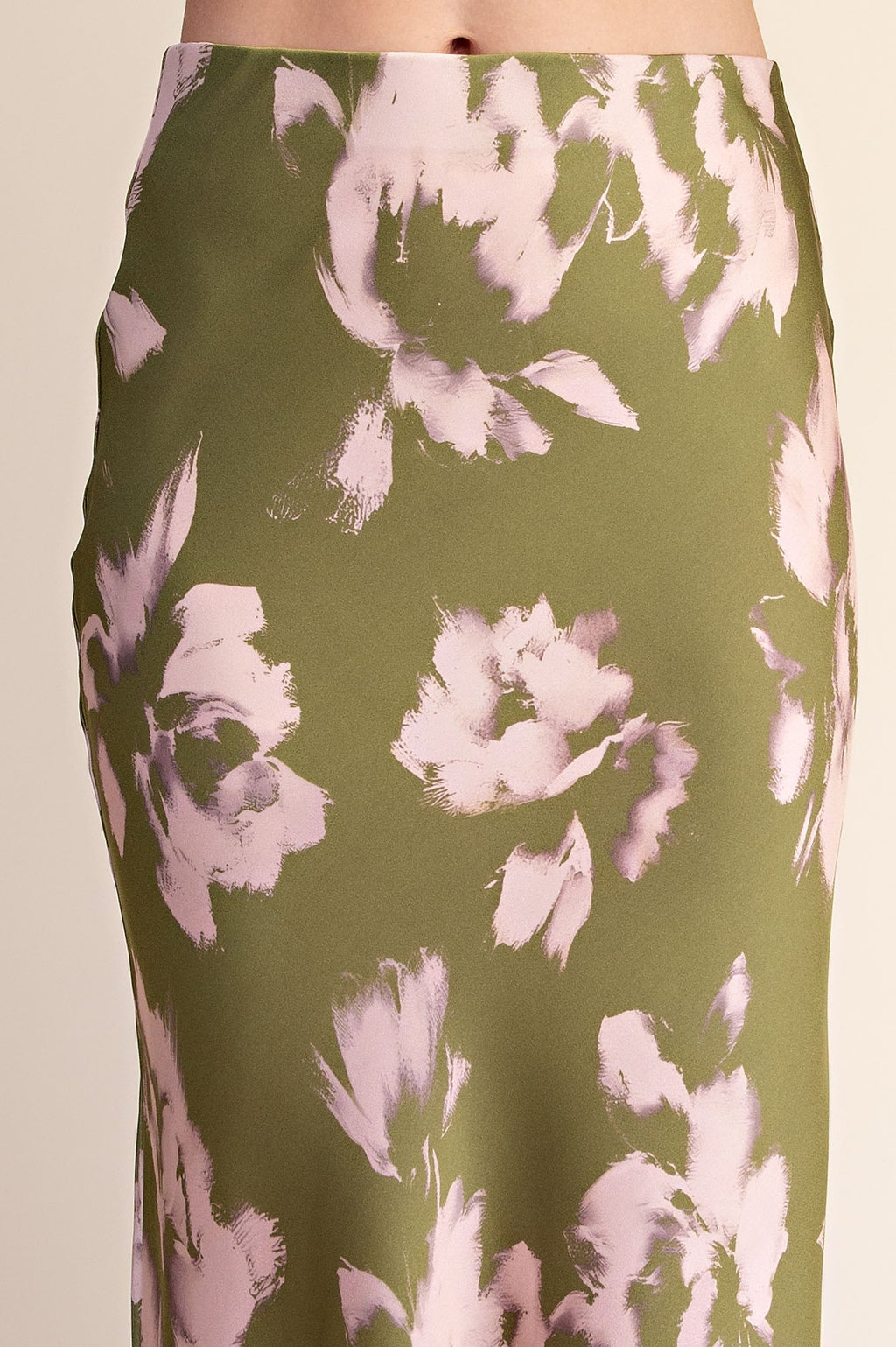 High Waist Dreamy Floral Print Satin Midi Skirt Olive