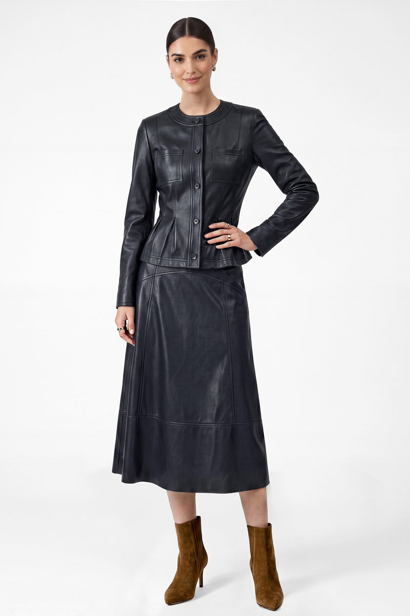 Long Sleeve Faux Leather Pleated Peplum Jacket Navy