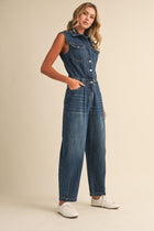 Sleeveless Button Down Tapered Leg Denim Jumpsuit Dark Wash
