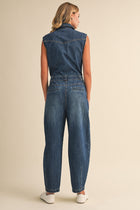 Sleeveless Button Down Tapered Leg Denim Jumpsuit Dark Wash